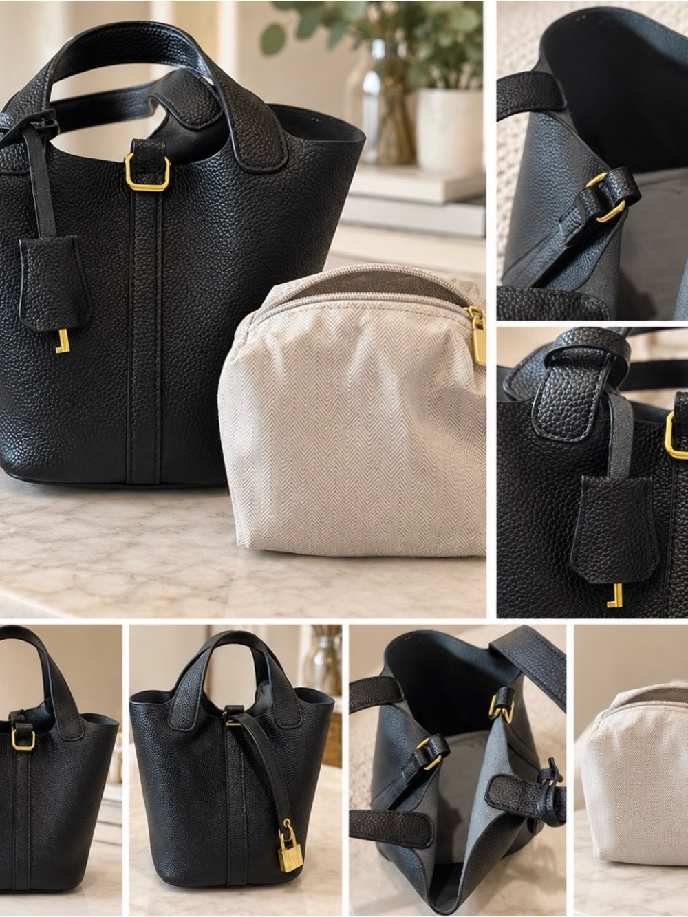Black Leather Tote with Cream Pouch